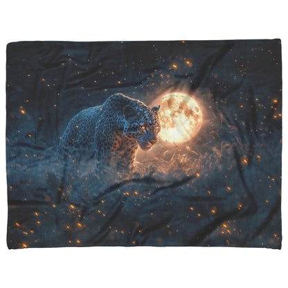Leopard Hunting Under Glowing Moonlight in Open Misty Savanna Fleece Sherpa Blanket Soft and Luxurious - Awakening Righteousness