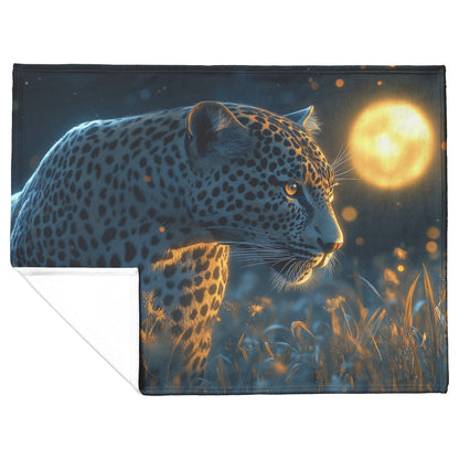 Leopard Hunting Under Glowing Moonlight in Open Savanna with Misty Grass Fleece Sherpa Blanket - Awakening Righteousness