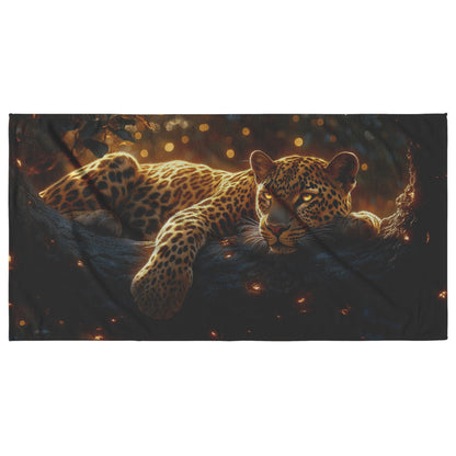 Leopard Resting Beach Towel with Ancient Tree Golden Sunlight Intricate Fur Patterns Natural Glowing Textures - Awakening Righteousness