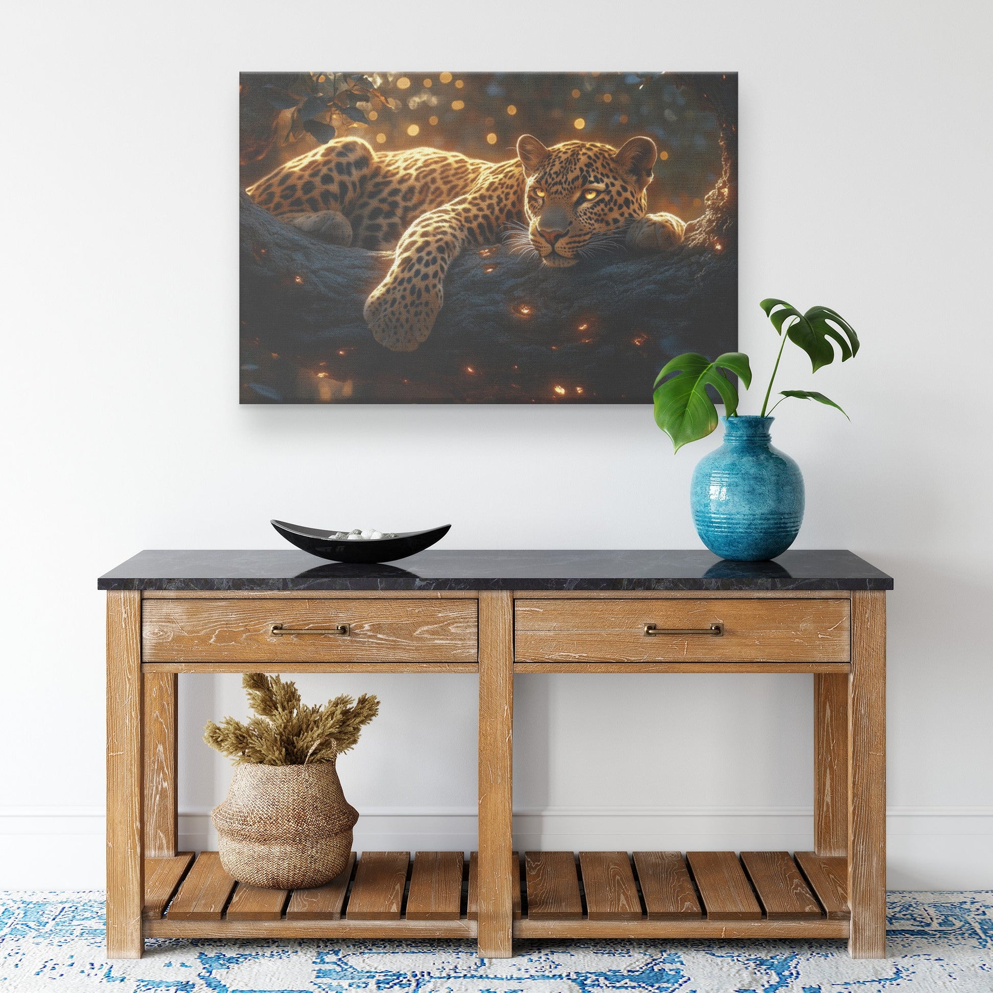 Leopard Resting Gracefully on Ancient Tree Branch Canvas Wall Art Decor Under Golden Sunlight with Intricate Fur Patterns - Awakening Righteousness