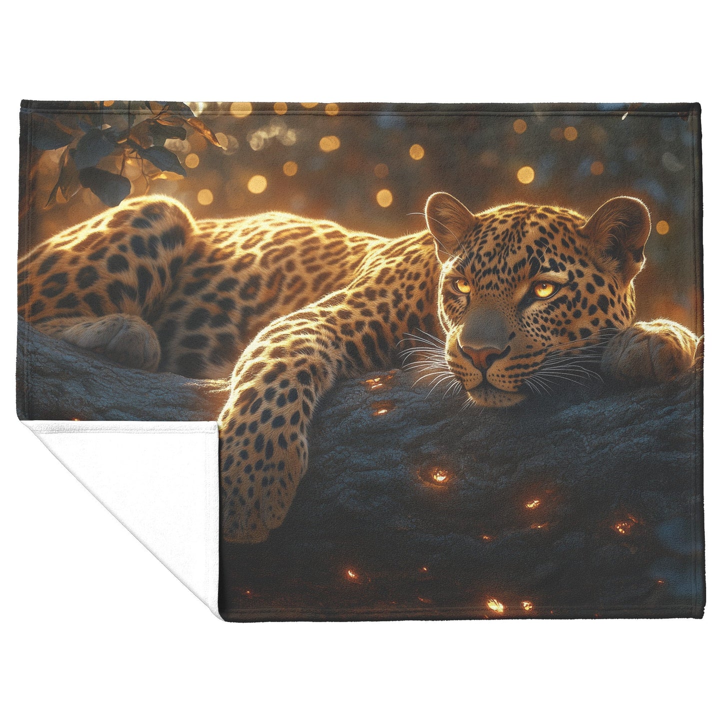 Leopard Resting Gracefully on Ancient Tree Branch Under Golden Sunlight Fleece Sherpa Blanket - Awakening Righteousness