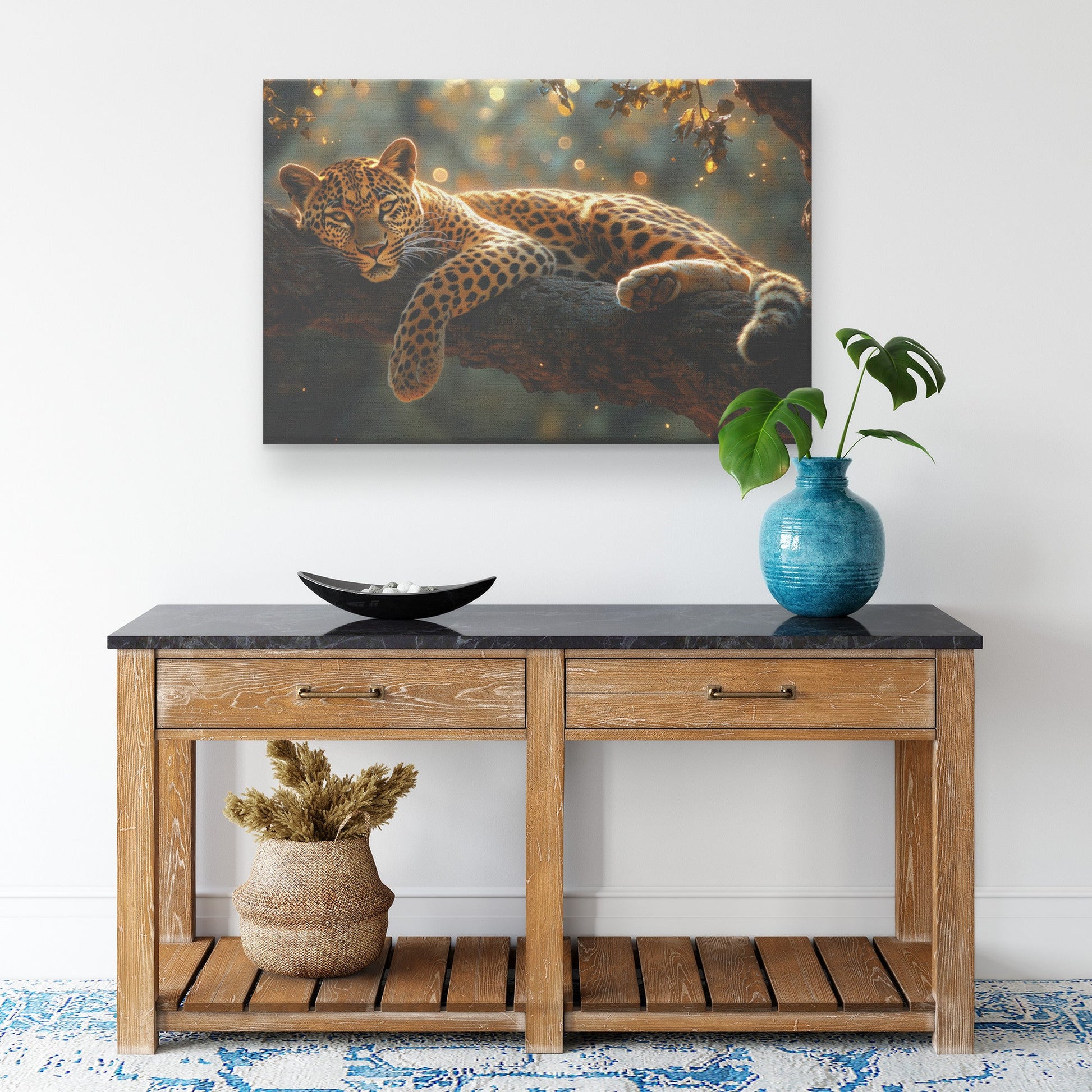 Leopard Resting on Acacia Tree Branch Golden Sunlight Intricate Fur Luminous Glow Wildlife Canvas Wall Art - Awakening Righteousness