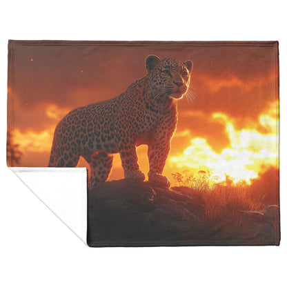 Leopard Standing Atop Rocky Outcrop with Glowing Orange Clouds Under Sunset Fleece Sherpa Blanket - Awakening Righteousness