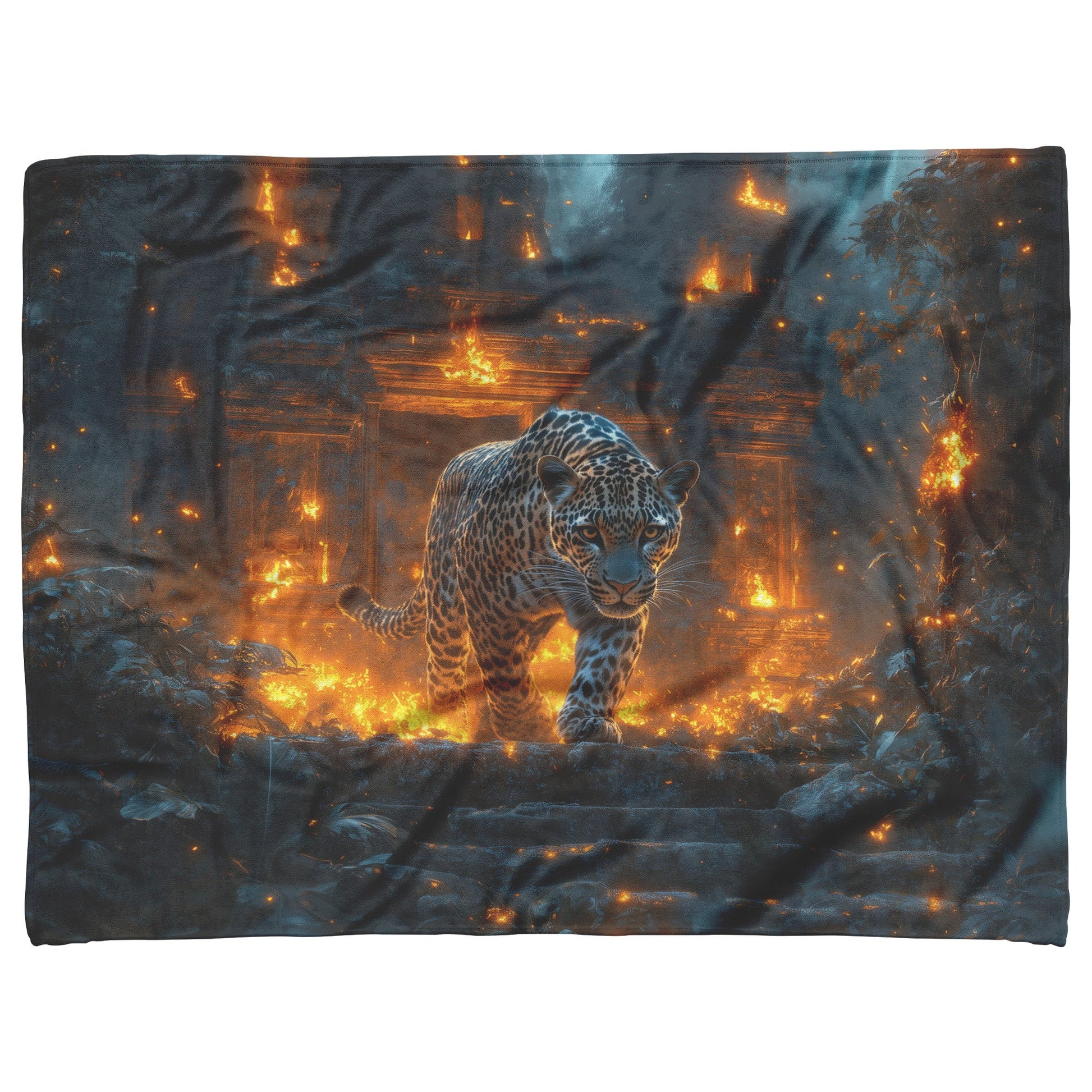 Leopard Walking Through Glowing Ancient Jungle Ruins Under Twilight Sky Fleece Sherpa Blanket Magical and Soft - Awakening Righteousness