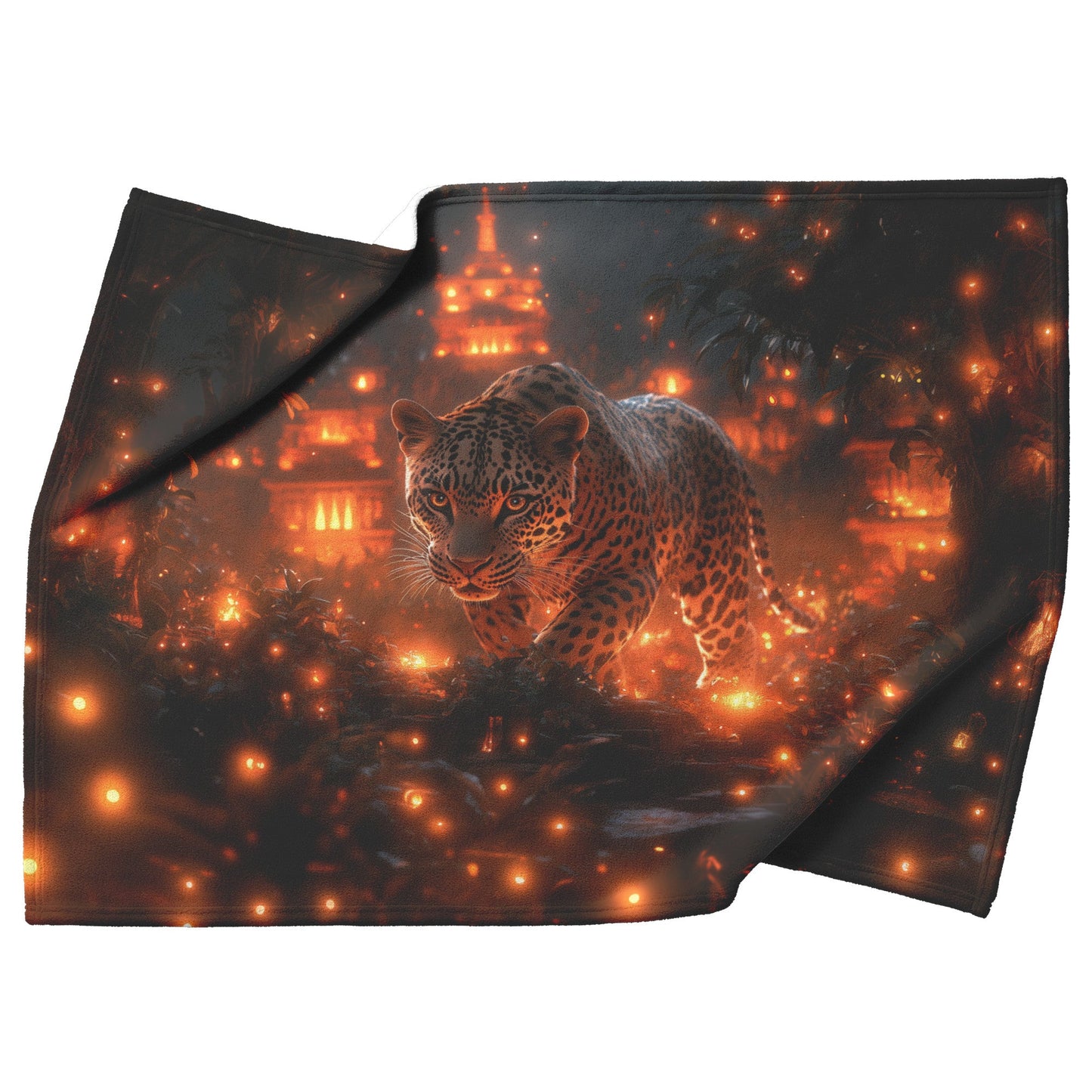Leopard Walking Through Glowing Ancient Jungle Ruins Under Twilight Sky Fleece Sherpa Blanket Magical and Soft - Awakening Righteousness