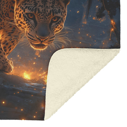 Leopard Walking Through Glowing Ancient Jungle Ruins Under Twilight Sky Fleece Sherpa Blanket Magical and Soft - Awakening Righteousness