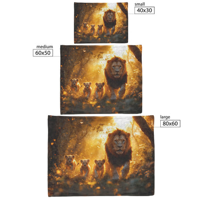Lion and Cubs Walking Through Glowing African Forest with Vibrant Plants and Golden Sunlight Fleece Sherpa Blanket - Awakening Righteousness