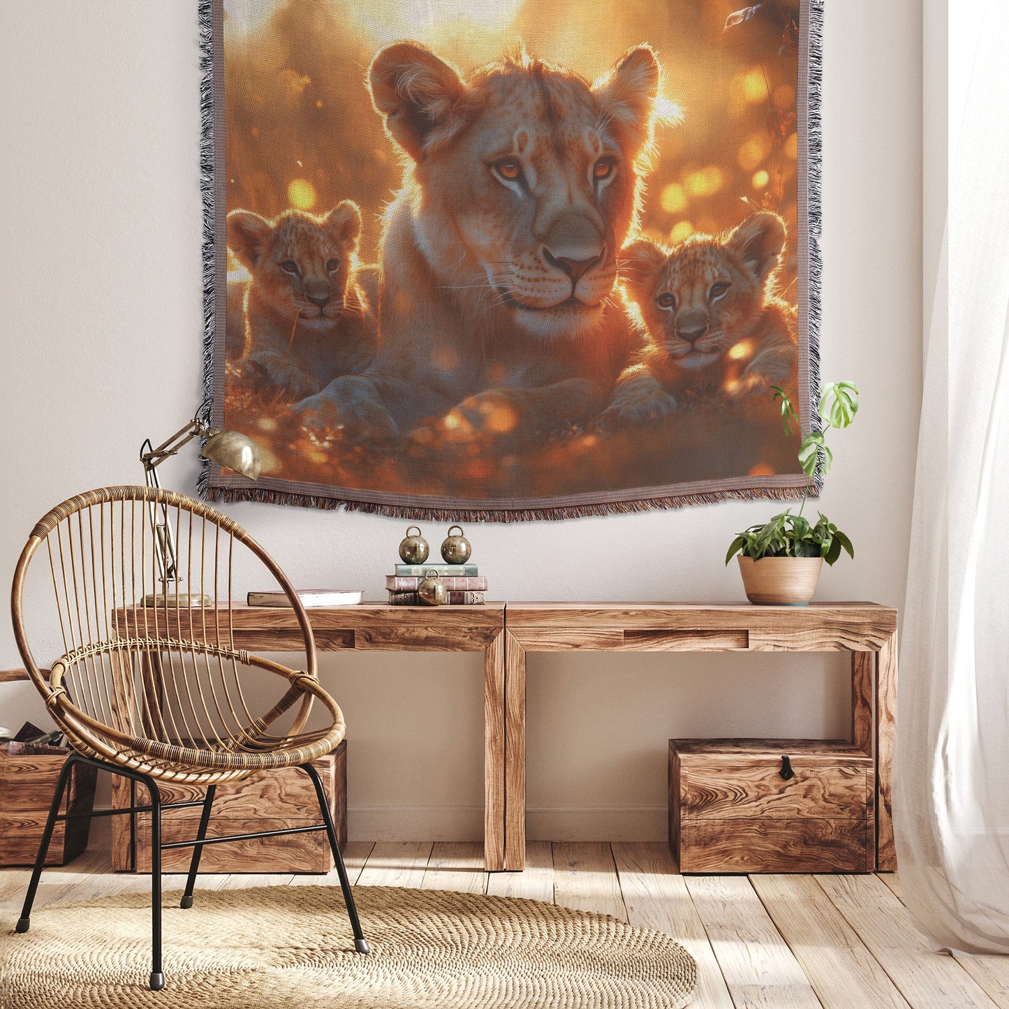 Lion Family Resting in Glowing Golden Grass with Morning Mist and Warm Sunlight Woven Throw Blanket - Awakening Righteousness