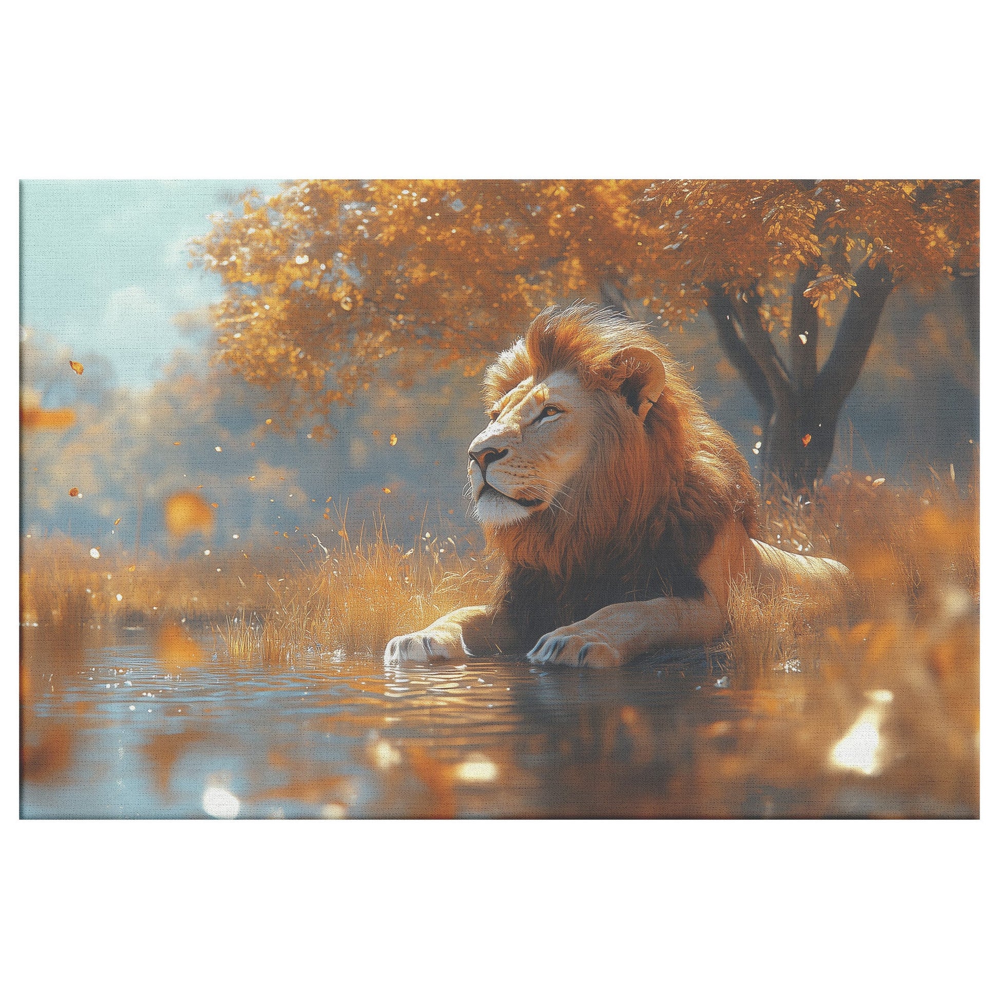 Lion Resting Near Glowing Crystal Clear Waterhole Surrounded by Golden Grass and Acacia Trees Canvas Wall Art Decor - Awakening Righteousness