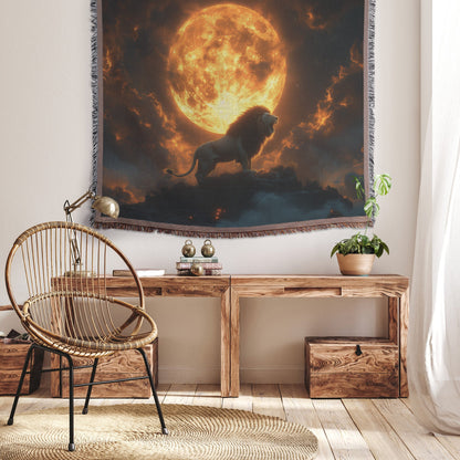 Lion Roaring Against Full Moon on Hilltop with Glowing Clouds and Swirling Mist Woven Throw Blanket - Awakening Righteousness
