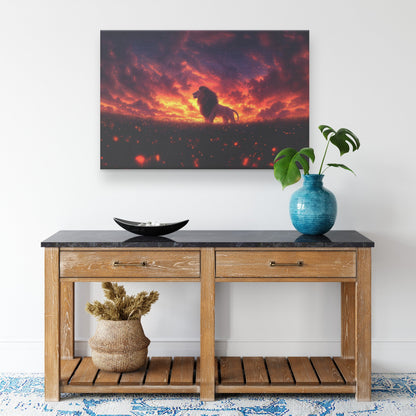 Lion Silhouetted Against Glowing Orange and Purple Twilight Sky Surrounded by Swirling Golden Mist Canvas Wall Art Decor - Awakening Righteousness