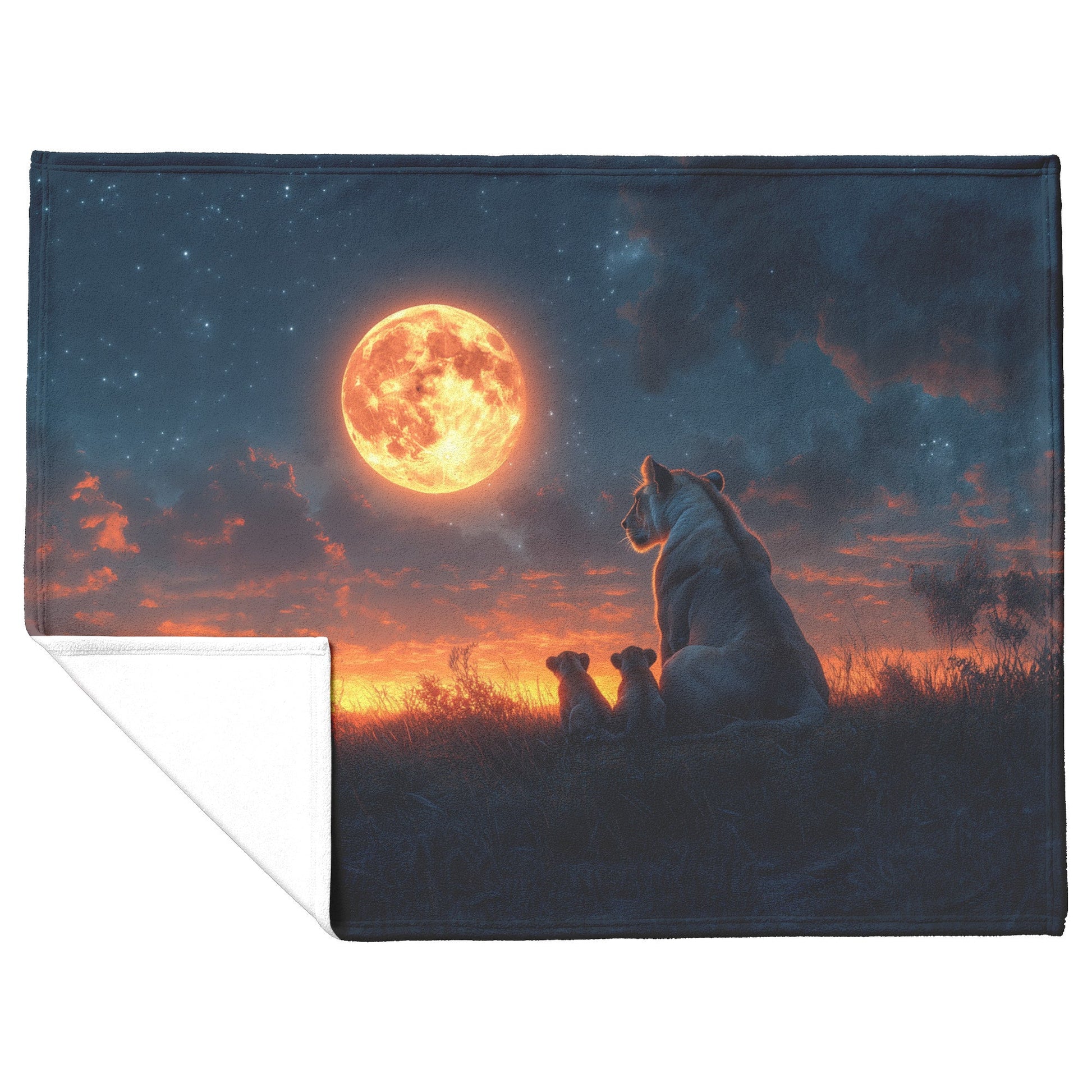 Lioness Protectively Sitting with Cubs in Glowing Savanna Under Soft Moonlight Fleece Sherpa Blanket - Awakening Righteousness