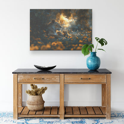 Lioness Sitting Protectively with Her Cubs in Glowing Savanna Under Soft Moonlight Canvas Wall Art Decor - Awakening Righteousness