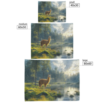 Llama Beside Crystal Clear Lake Reflecting Twilight Sky Lush Green Trees Soft Mist Sherpa Fleece Blanket - Awakening Righteousness