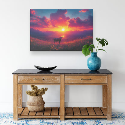 Lone Cow Standing on Grassy Hilltop Overlooking Glowing Valley Under Vibrant Sunset Magical Natural Canvas Wall Art - Awakening Righteousness