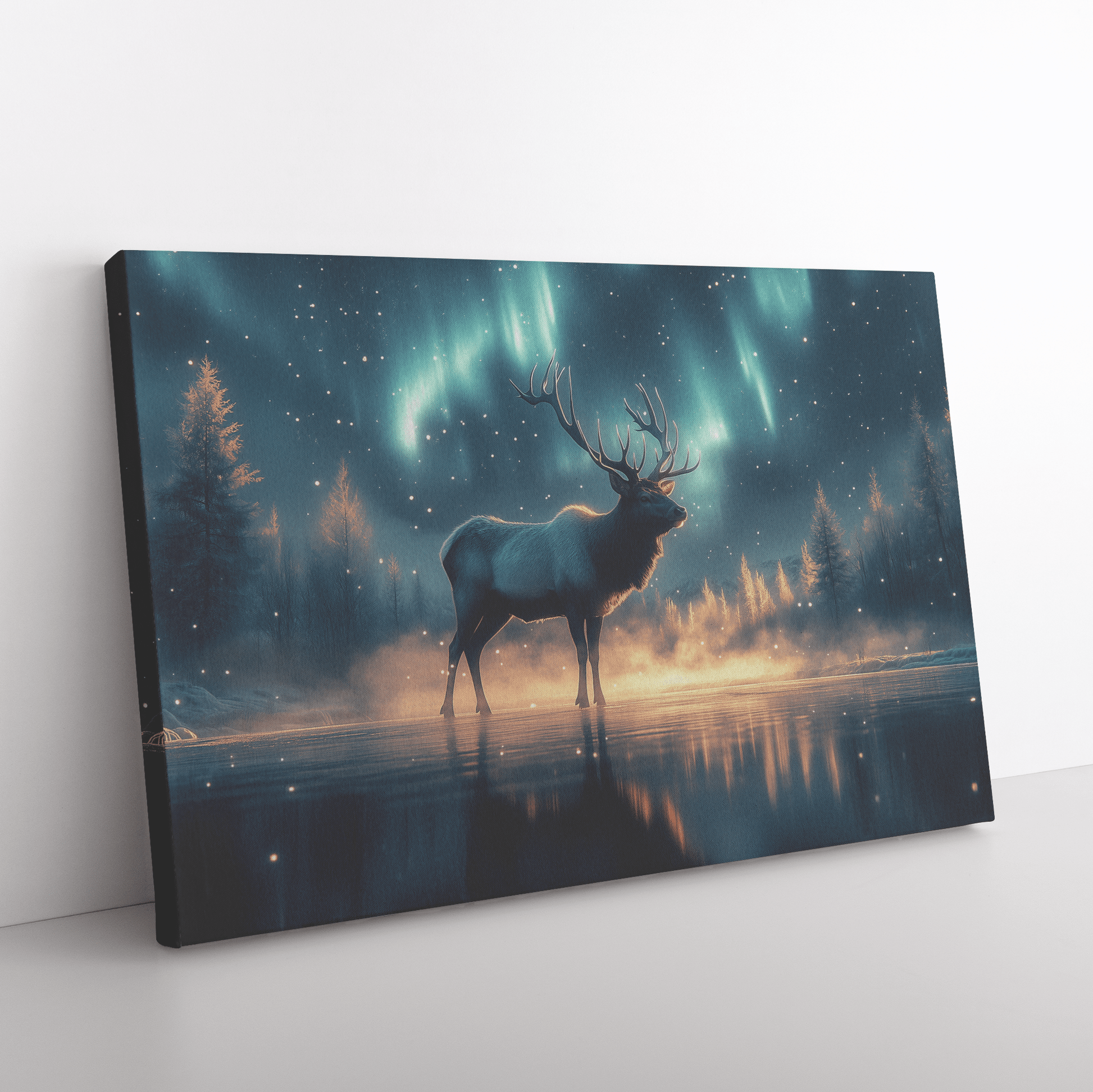 Lone Elk On Glowing Frozen Lake With Mist Reflecting Vibrant Aurora Borealis Sky Canvas Wall Art Decor - Awakening Righteousness