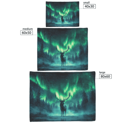 Lone Elk Standing on Glowing Frozen Lake Surrounded by Mist Reflecting Vibrant Aurora Borealis Sky Fleece Sherpa Blanket - Awakening Righteousness