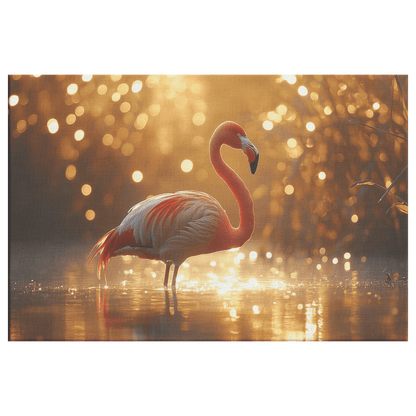 Lone Flamingo Standing Gracefully In Shallow Glowing Water With Golden Reeds And Morning Mist Canvas Wall Art Decor - Awakening Righteousness