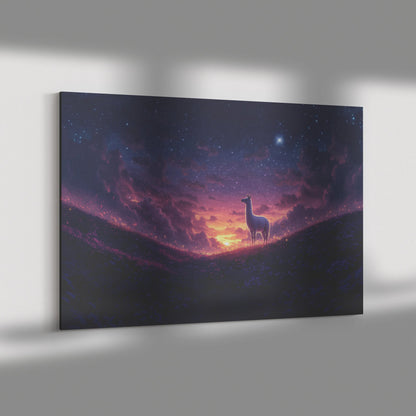 Lone Llama Standing Peacefully on Glowing Grassy Hill Under Deep Purple Twilight Sky with Stars Canvas Wall Art Decor - Awakening Righteousness