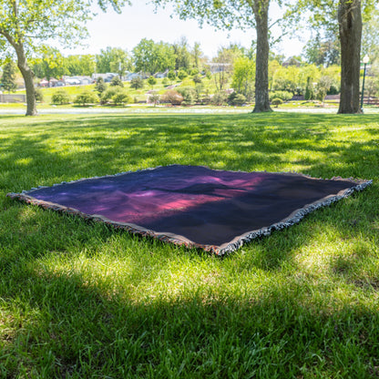 Lone Llama Standing Peacefully on Glowing Grassy Hill Under Deep Purple Twilight Sky with Stars Woven Throw Blanket - Awakening Righteousness