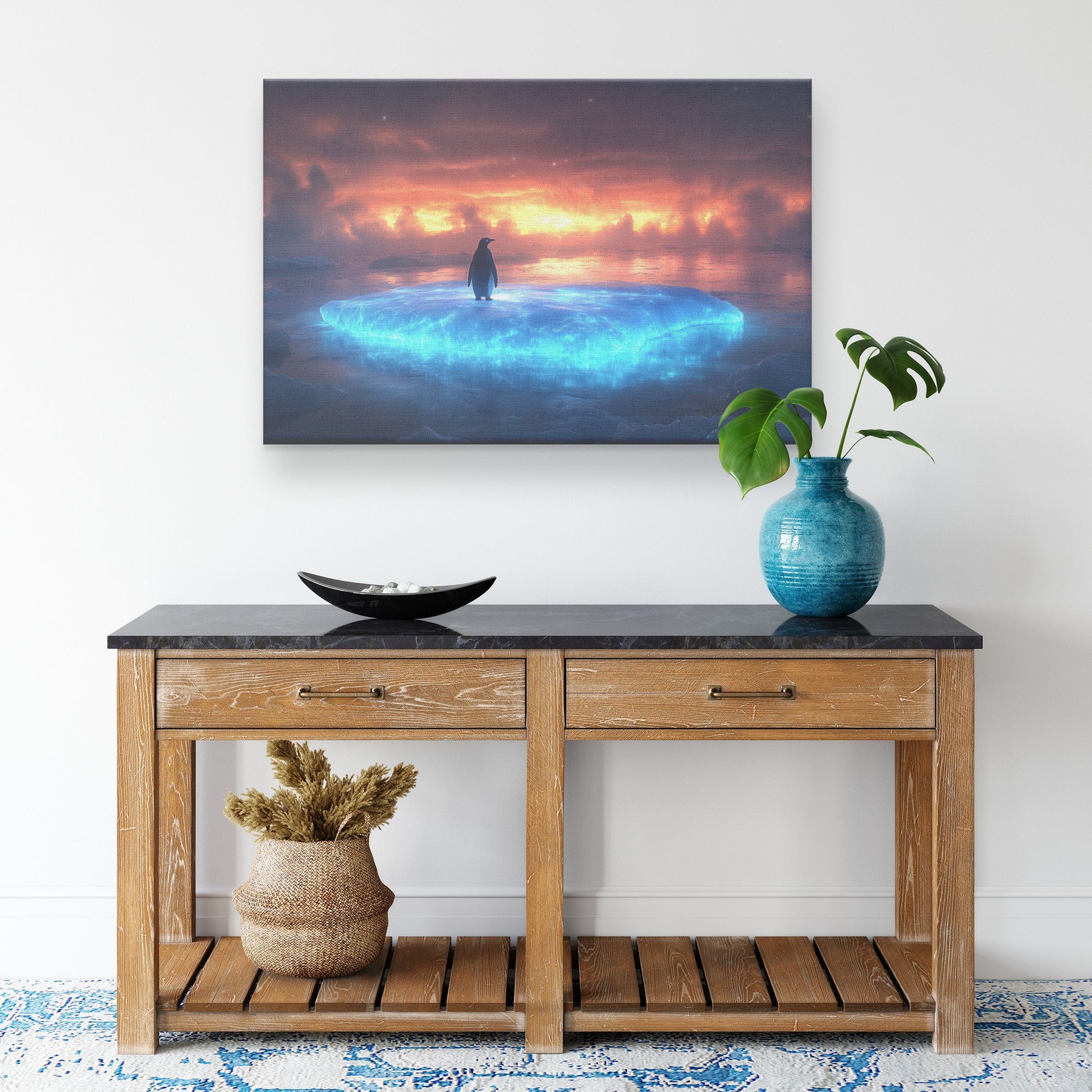 Lone Penguin on Glowing Blue Iceberg Crystal Arctic Waters Twilight Sky Canvas Wall Art - Awakening Righteousness