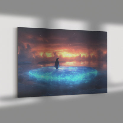 Lone Penguin on Glowing Blue Iceberg Crystal Arctic Waters Twilight Sky Canvas Wall Art - Awakening Righteousness