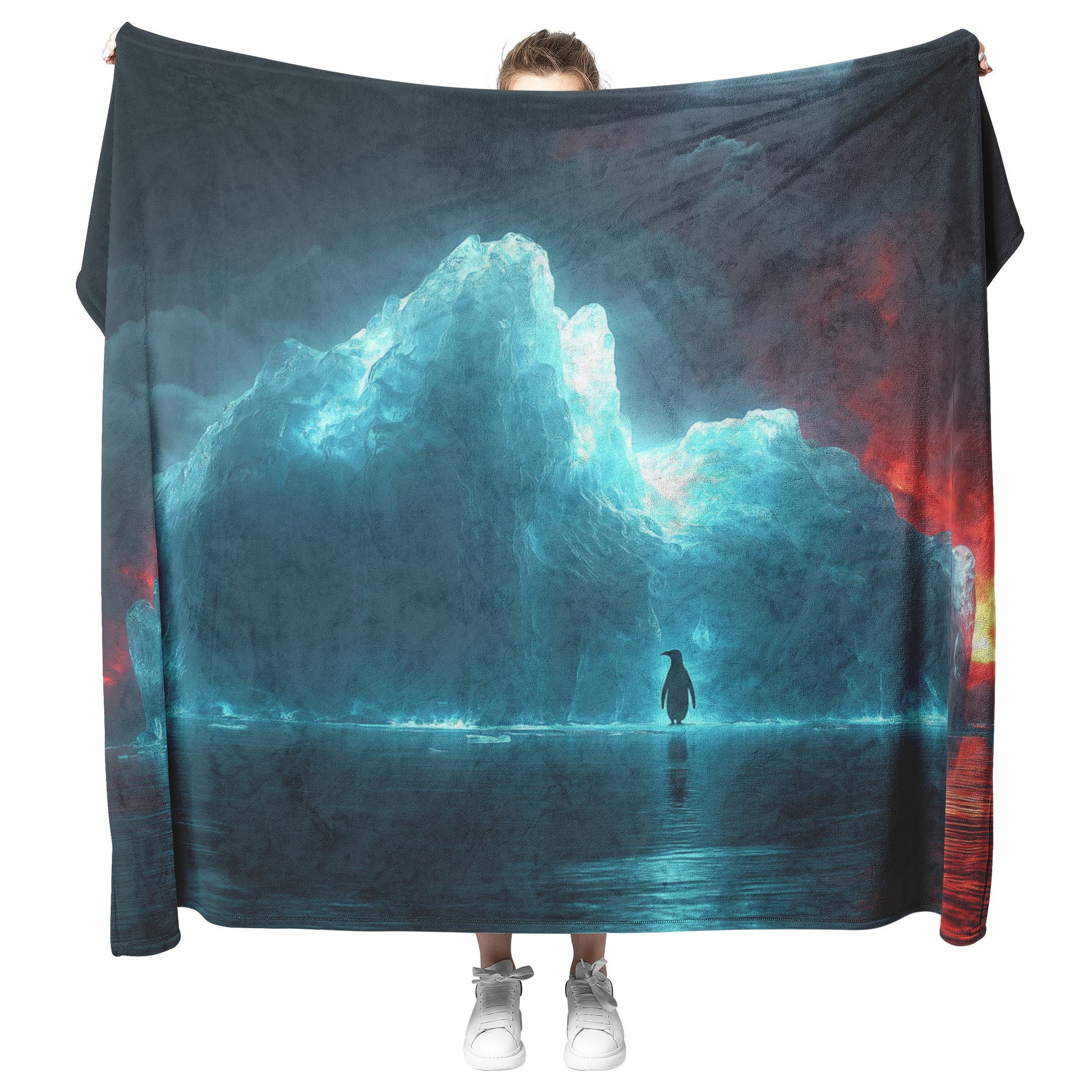 Lone Penguin on Glowing Blue Iceberg in Crystal Arctic Waters Under Twilight Sky Fleece Sherpa Blanket - Awakening Righteousness