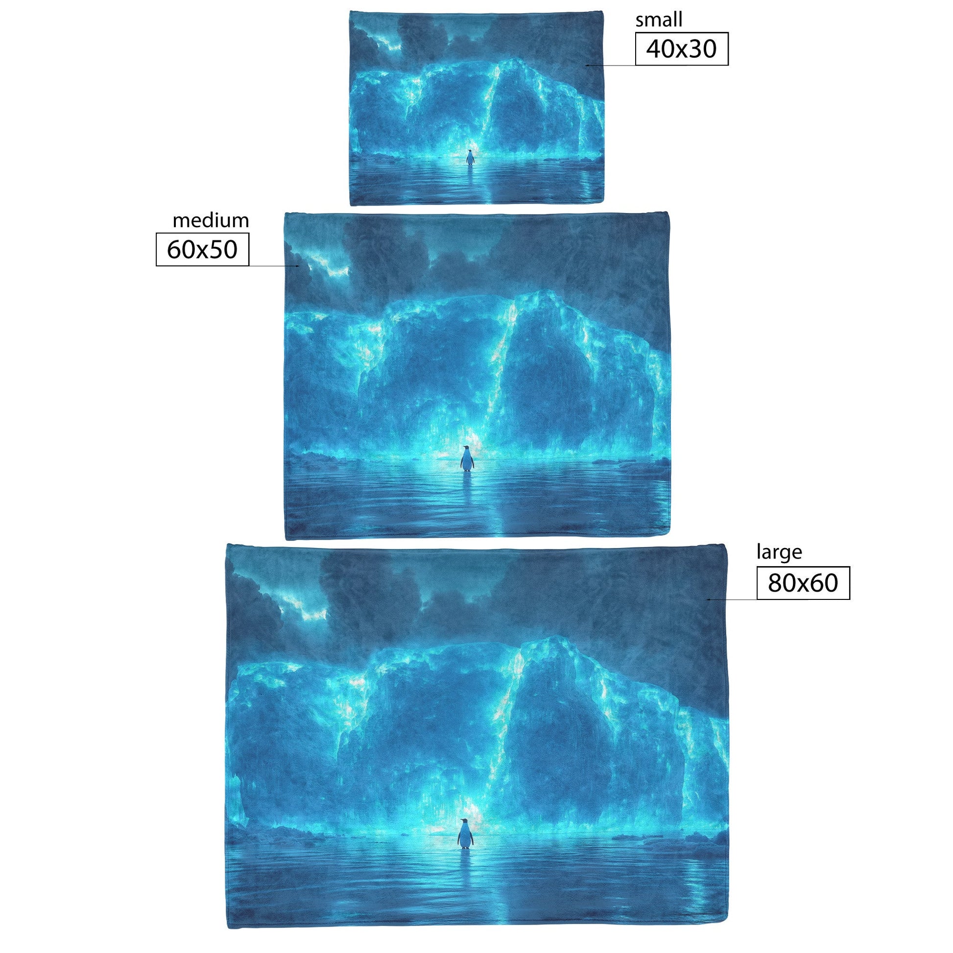 Lone Penguin on Glowing Blue Iceberg in Crystal Arctic Waters Under Twilight Sky Fleece Sherpa Blanket - Awakening Righteousness