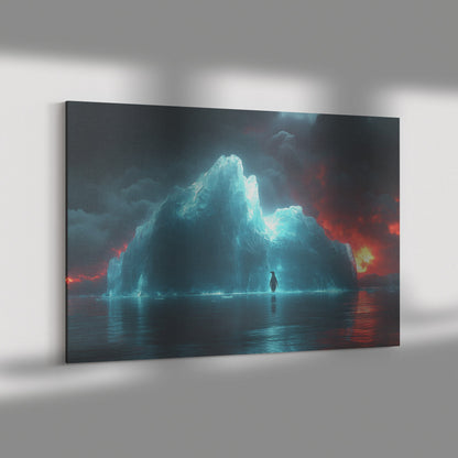 Lone Penguin on Glowing Blue Iceberg Surrounded by Crystal Clear Arctic Water Twilight Sky Canvas Wall Art Decor - Awakening Righteousness