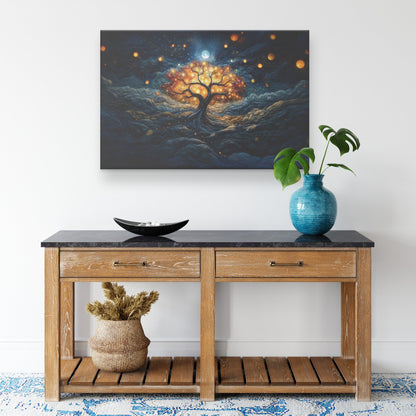 Luminous Tree of Life Canvas Art Radiant Moonlit Scene with Glowing Orbs in a Dreamlike Night Sky - Awakening Righteousness