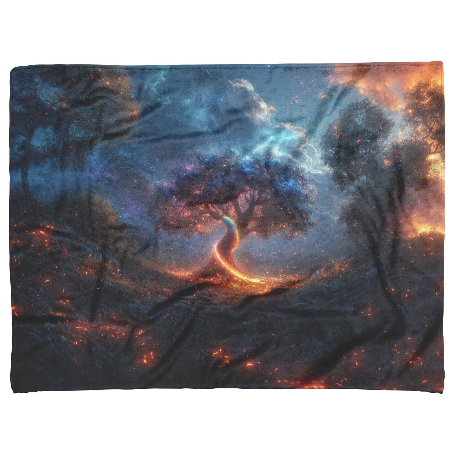 Magical Rainbow Spiraling Around Glowing Crystal Tree Mystical Forest Vibrant Plants Fleece Sherpa Blanket - Awakening Righteousness