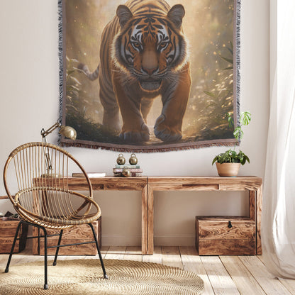 Majestic Bengal Tiger on Glowing Jungle Path with Mist Vibrant Green Plants and Golden Sunlight Woven Throw Blanket - Awakening Righteousness