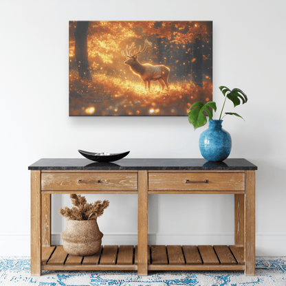 Majestic Elk In Glowing Autumn Forest Surrounded By Golden Leaves And Morning Mist With Sunlit Antlers Canvas Wall Art Decor - Awakening Righteousness