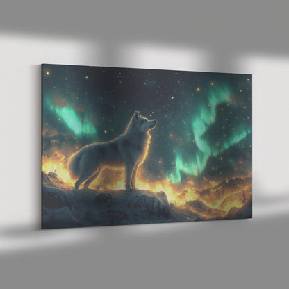 Majestic Iberian Husky Canvas Wall Art Decor on Snowy Mountain Peak Under Glowing Northern Lights with Intricate Fur - Awakening Righteousness