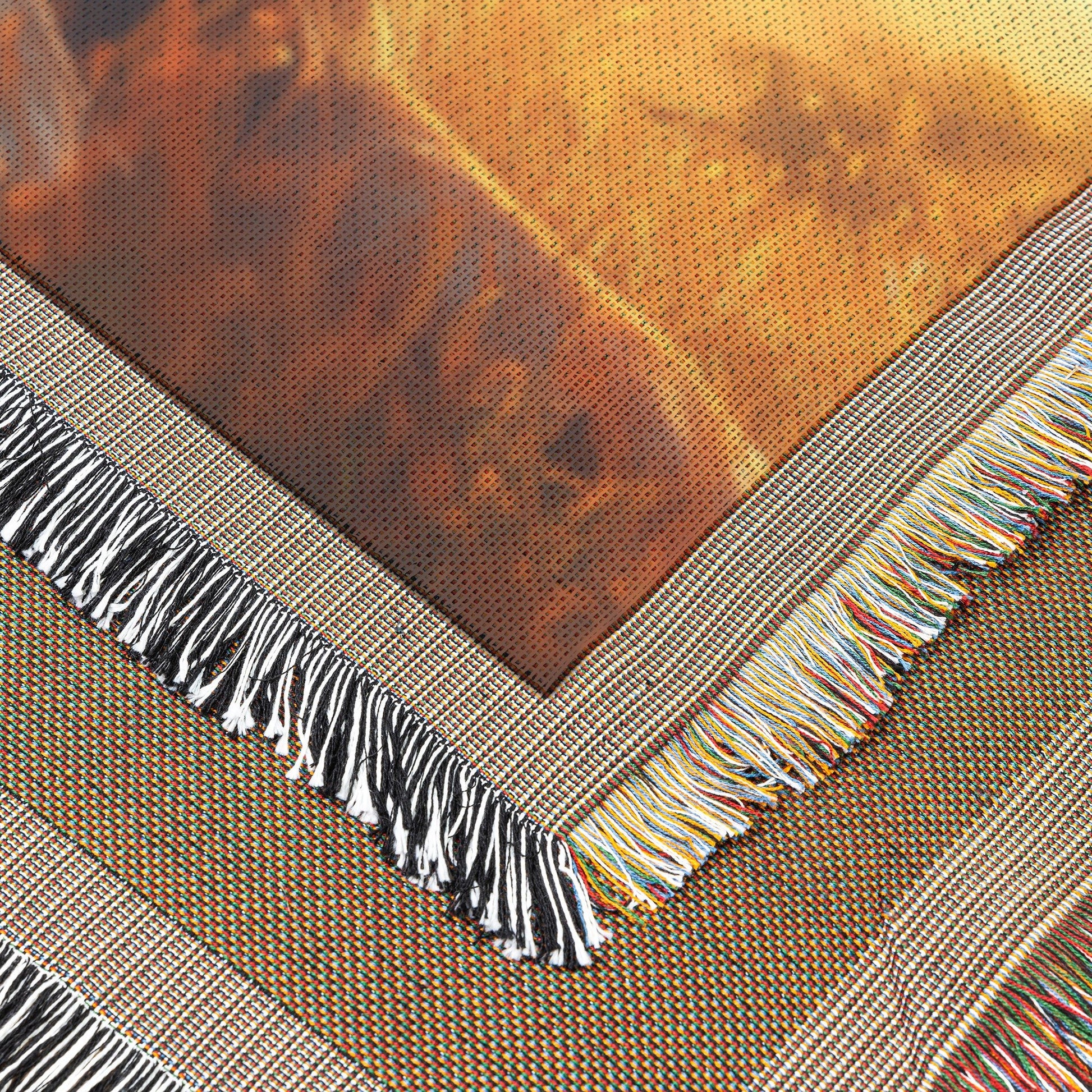 Majestic Lion on Grassy Savanna Under Golden Sunlight and Breaking Clouds Woven Throw Blanket - Awakening Righteousness