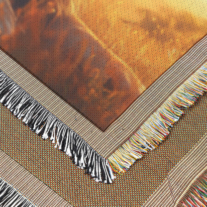 Majestic Lion on Grassy Savanna Under Golden Sunlight and Breaking Clouds Woven Throw Blanket - Awakening Righteousness