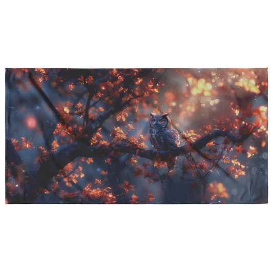 Majestic Owl Autumn Glow Beach Towel Wisdom Serenity Christian Faith Nature-Inspired Design for Outdoor Adventures - Awakening Righteousness