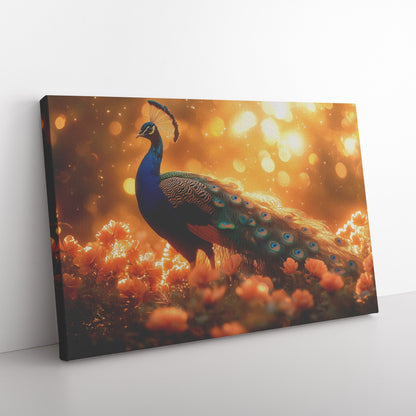 Majestic Peacock in Glowing Enchanted Garden with Vibrant Blooming Flowers Under Golden Sunlight Canvas Wall Art - Awakening Righteousness