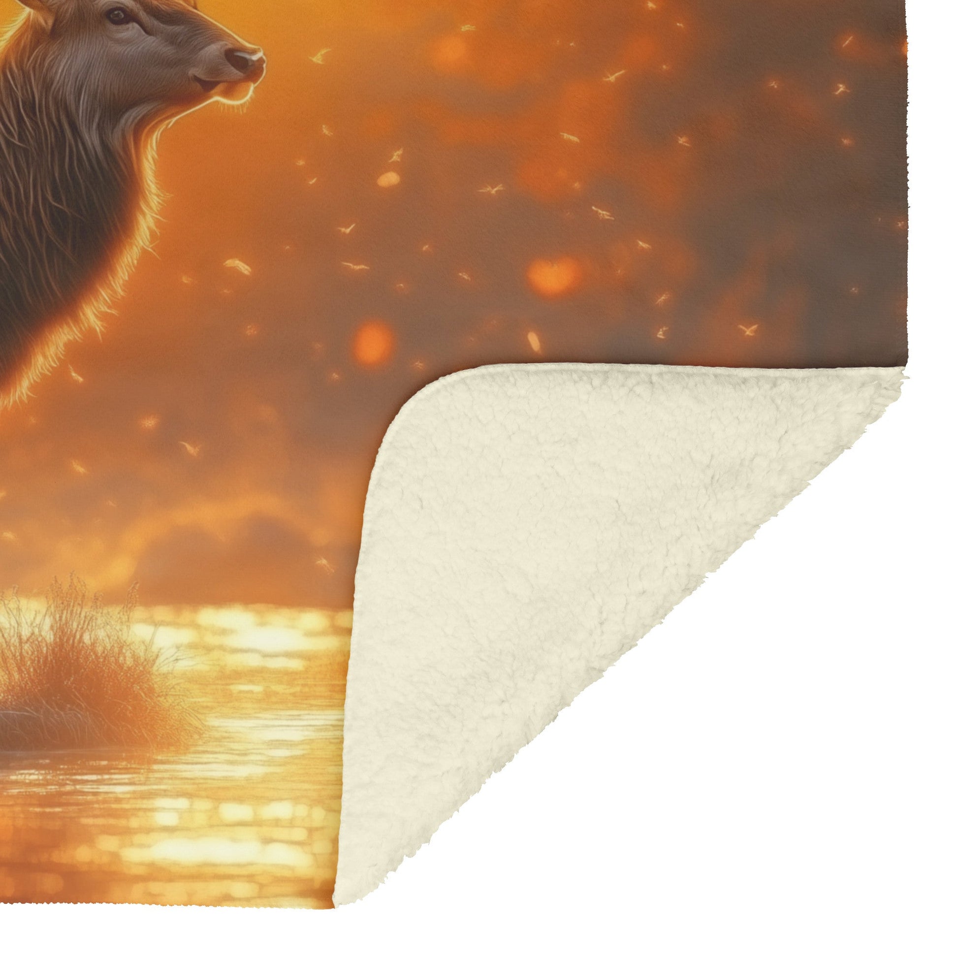 Majestic Stag in Glowing Forest Clearing Under Golden Sunrise with Illuminated Antlers Fleece Sherpa Blanket - Awakening Righteousness