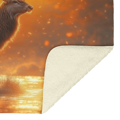 Majestic Stag in Glowing Forest Clearing Under Golden Sunrise with Illuminated Antlers Fleece Sherpa Blanket - Awakening Righteousness