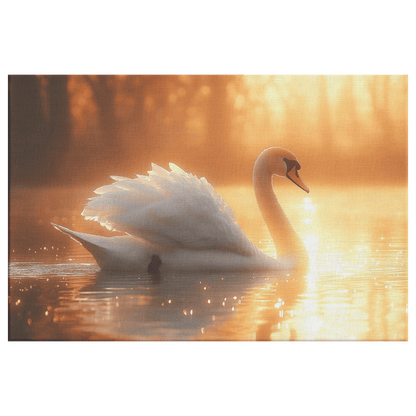 Majestic White Swan Gliding On Glowing Crystal Lake Under Golden Sunrise With Shimmering Reflection Canvas Wall Art Decor - Awakening Righteousness