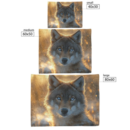 Majestic Wolf with Blue Eyes Standing in Golden Arctic Sunlight Cozy Fleece Sherpa Blanket - Awakening Righteousness