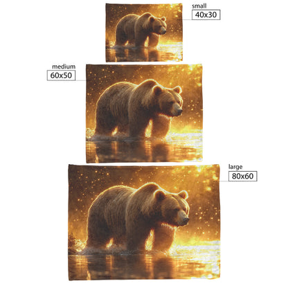 Massive Brown Bear on Misty Riverbank with Glowing Golden Sunlight and Reflective Crystal Water Fleece Blanket - Awakening Righteousness