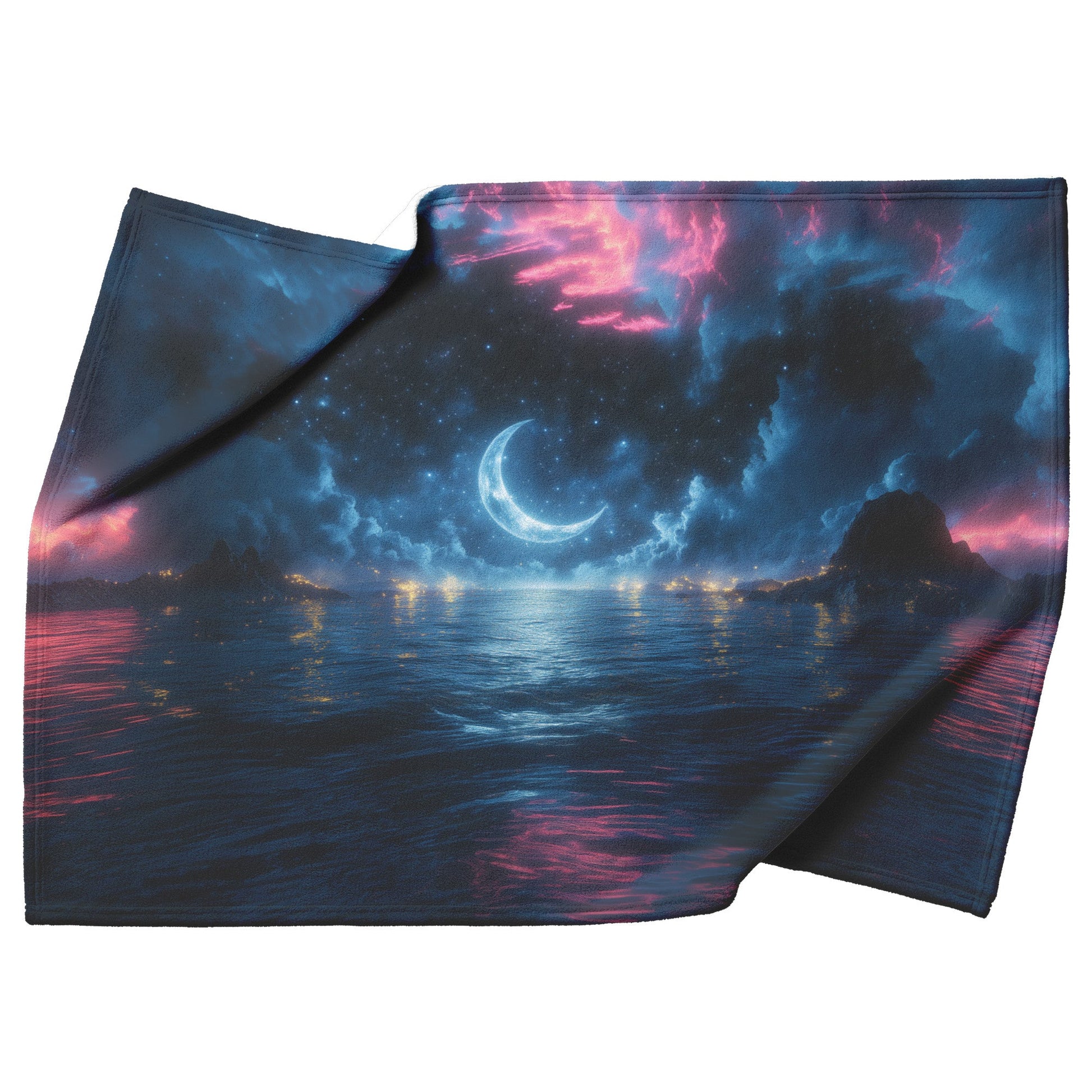 Massive Crescent Moon Over Water Stars Reflecting Silver Waves Deep Blue Hues Fleece Sherpa Blanket - Awakening Righteousness