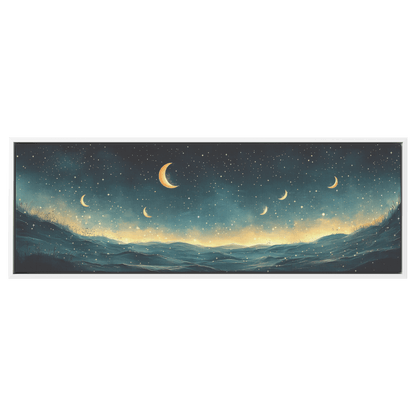 Minimalist Celestial Design Crescent Moons Tiny Stars Muted Green Background Ultra High Definition Clean Simplicity Panoramic Framed Canvas Wall Art - Awakening Righteousness