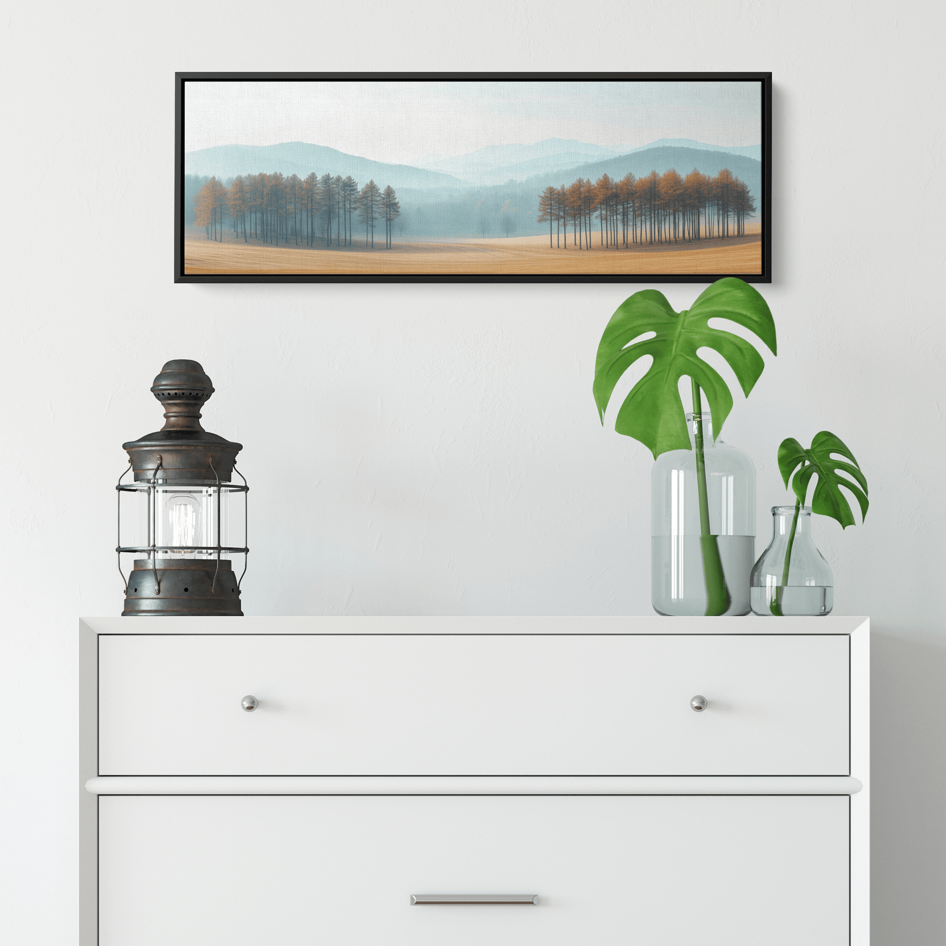Minimalist Nature Artwork Distant Hills Tree Silhouettes Taupe Light Beige Tones Ultra High Definition Clean Minimalist Panoramic Framed Canvas Wall Art - Awakening Righteousness