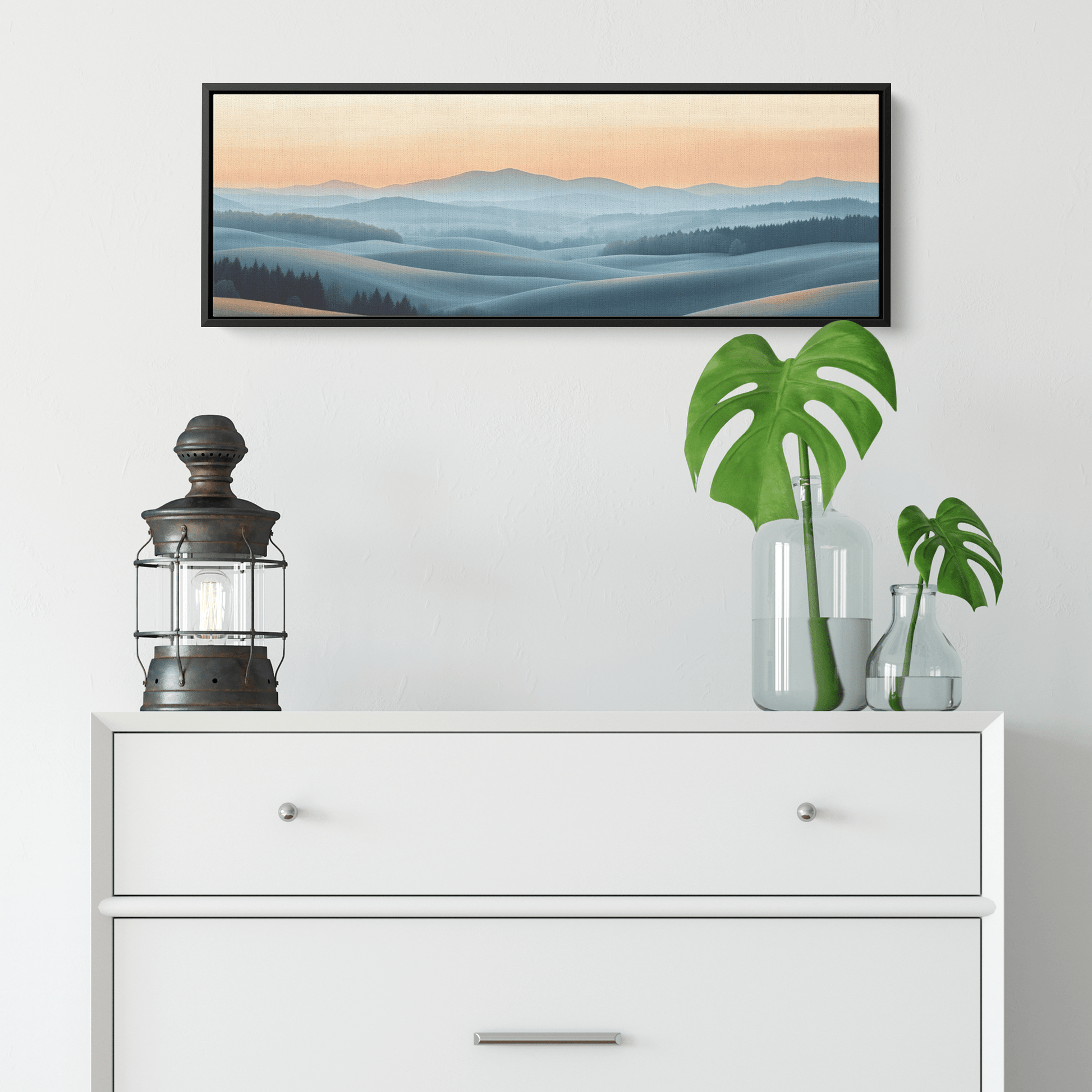 Minimalist Panoramic Artwork Rolling Hills Soft Taupe Palette Muted Highlights Ultra High Definition Tranquil Elegant Panoramic Framed Canvas Wall Art - Awakening Righteousness