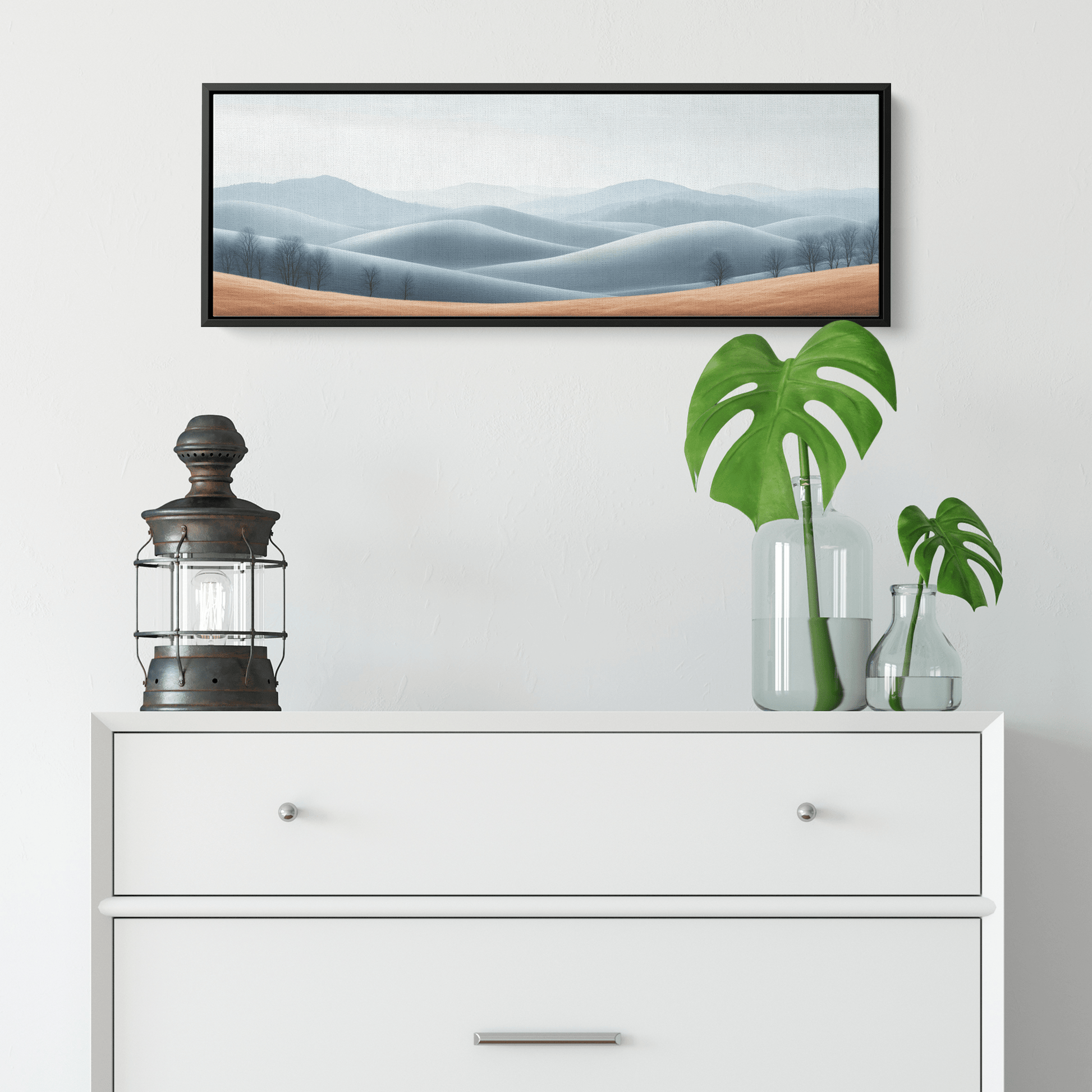 Minimalist Panoramic Nature Illustration Rolling Hills Sparse Tree Lines Soft Gray Taupe Ultra High Definition Panoramic Framed Canvas Wall Art - Awakening Righteousness