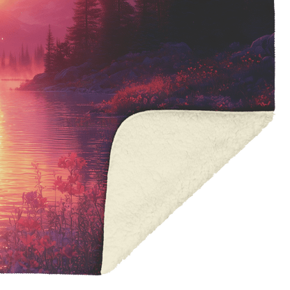 Moose Drinking From Glowing Mountain Lake Surrounded by Mist and Wildflowers Under Twilight Sky Fleece Sherpa Blanket - Awakening Righteousness