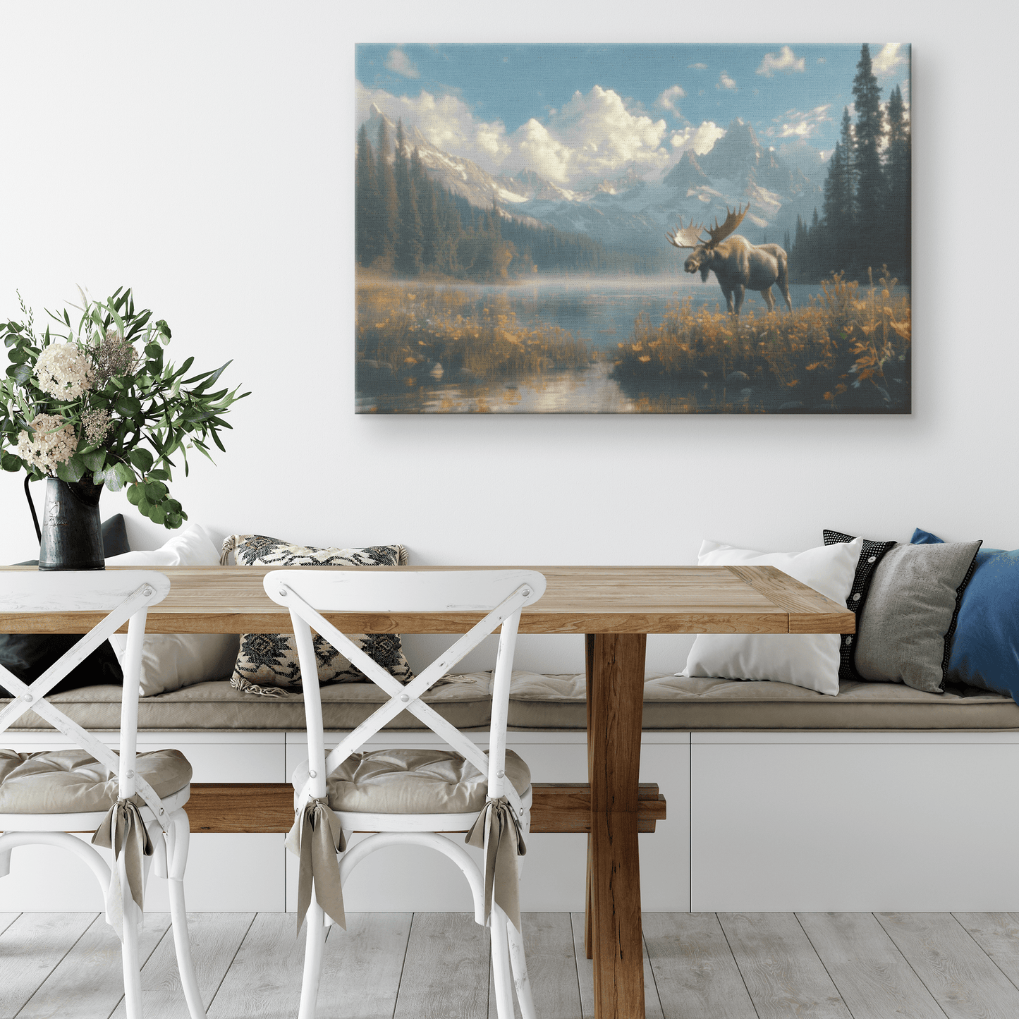 Moose Drinking From Glowing Mountain Lake With Mist Wildflowers And Twilight Sky Canvas Wall Art Decor - Awakening Righteousness